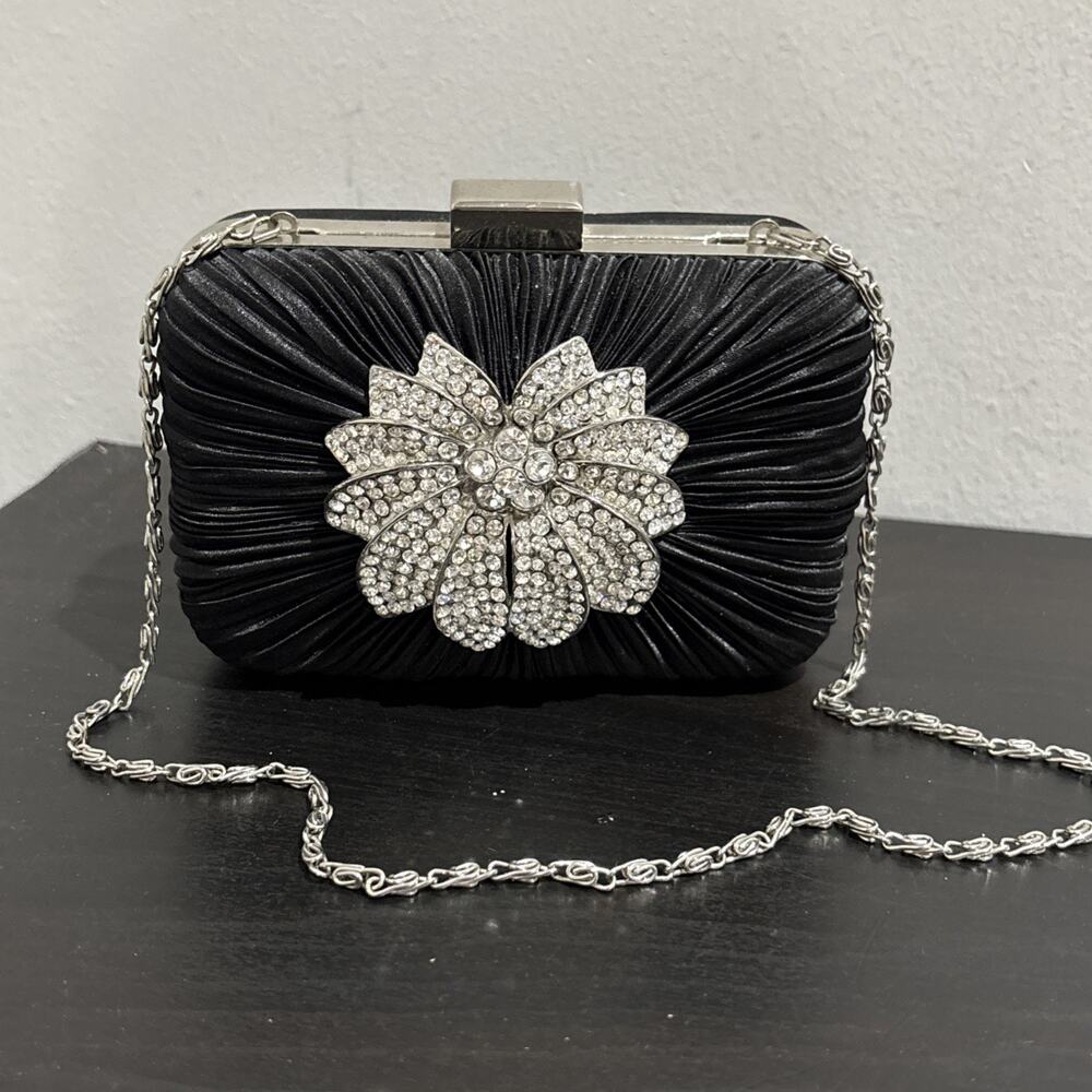 Jessica McClintock Black Clutch Crossbody Pleated Satin Crystals Box Evening Bag